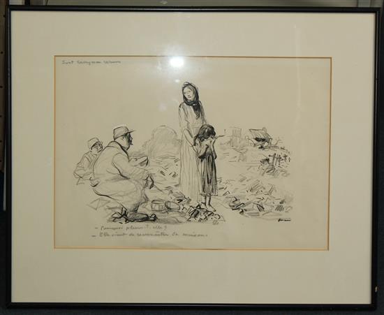 Jean-Louis Forain (1852-1931) WWI cartoon, Sunt Lacrymae Serum, 13 x 18.5in.
